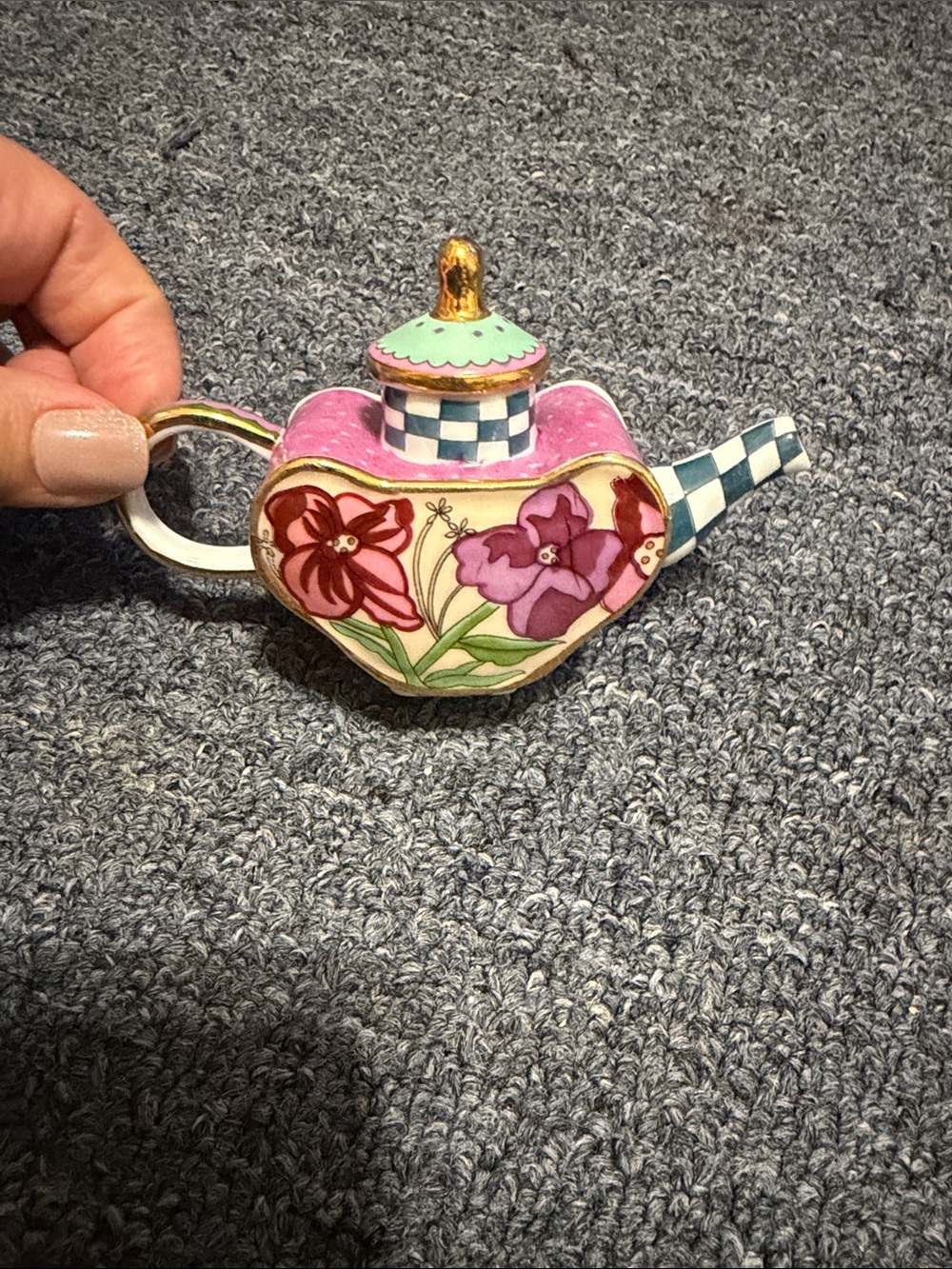 Viviana Pink Floral Heart Teapot Figurine with Blue Check Spout